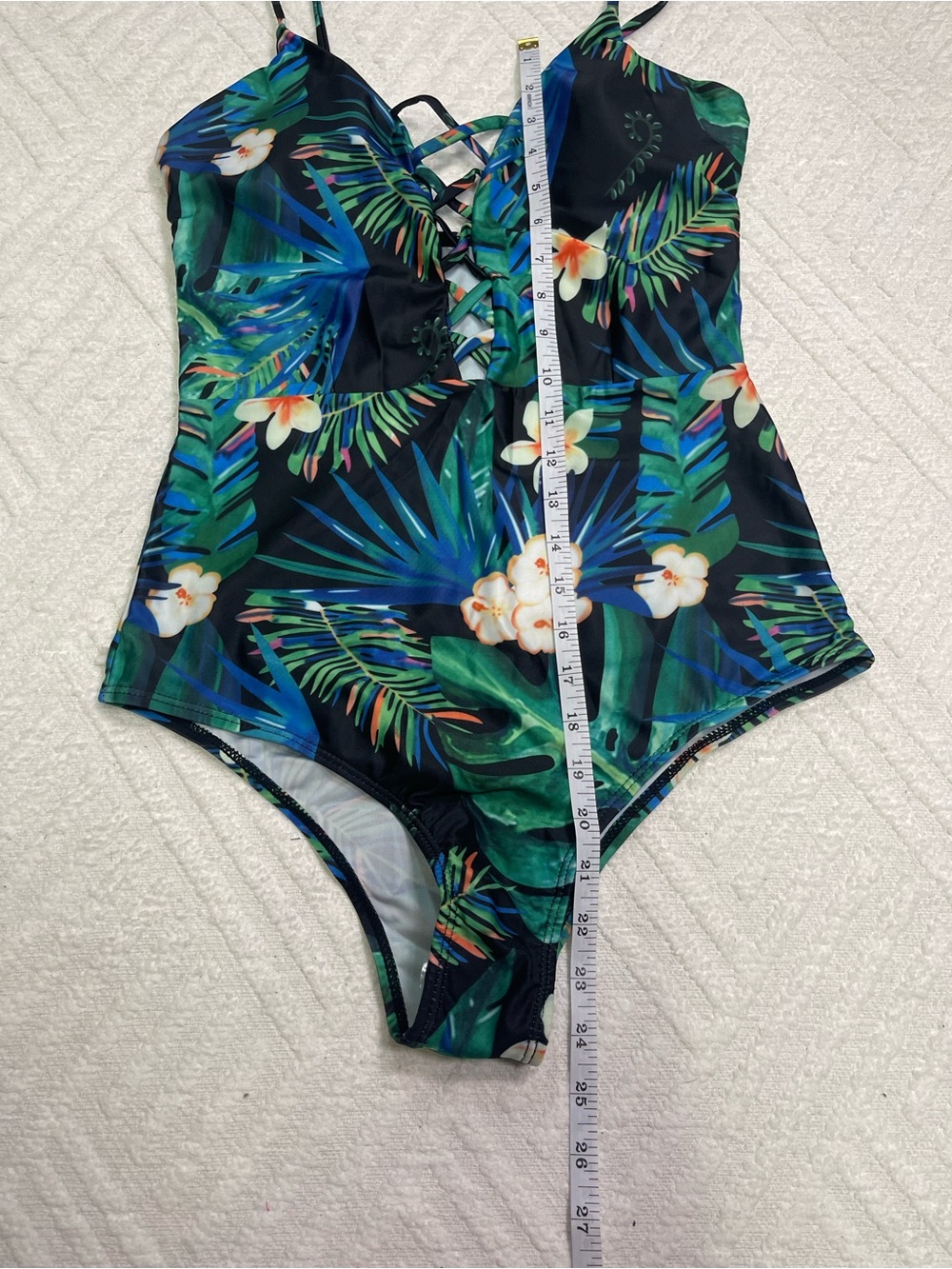Tropical Floral One-Piece Swimsuit Green/Blue with Lace Up Front Size L - Picture 12 of 12